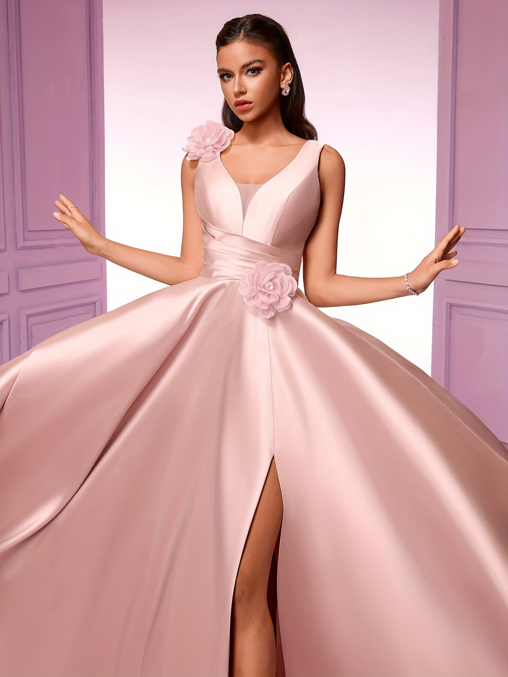 Elegant Women'S Sleeveless V-Neck Gown with Floral Waist Detail - High Waist, Flowing Silhouette, Perfect for Parties, Galas, and Formal Events, High Waist Gown