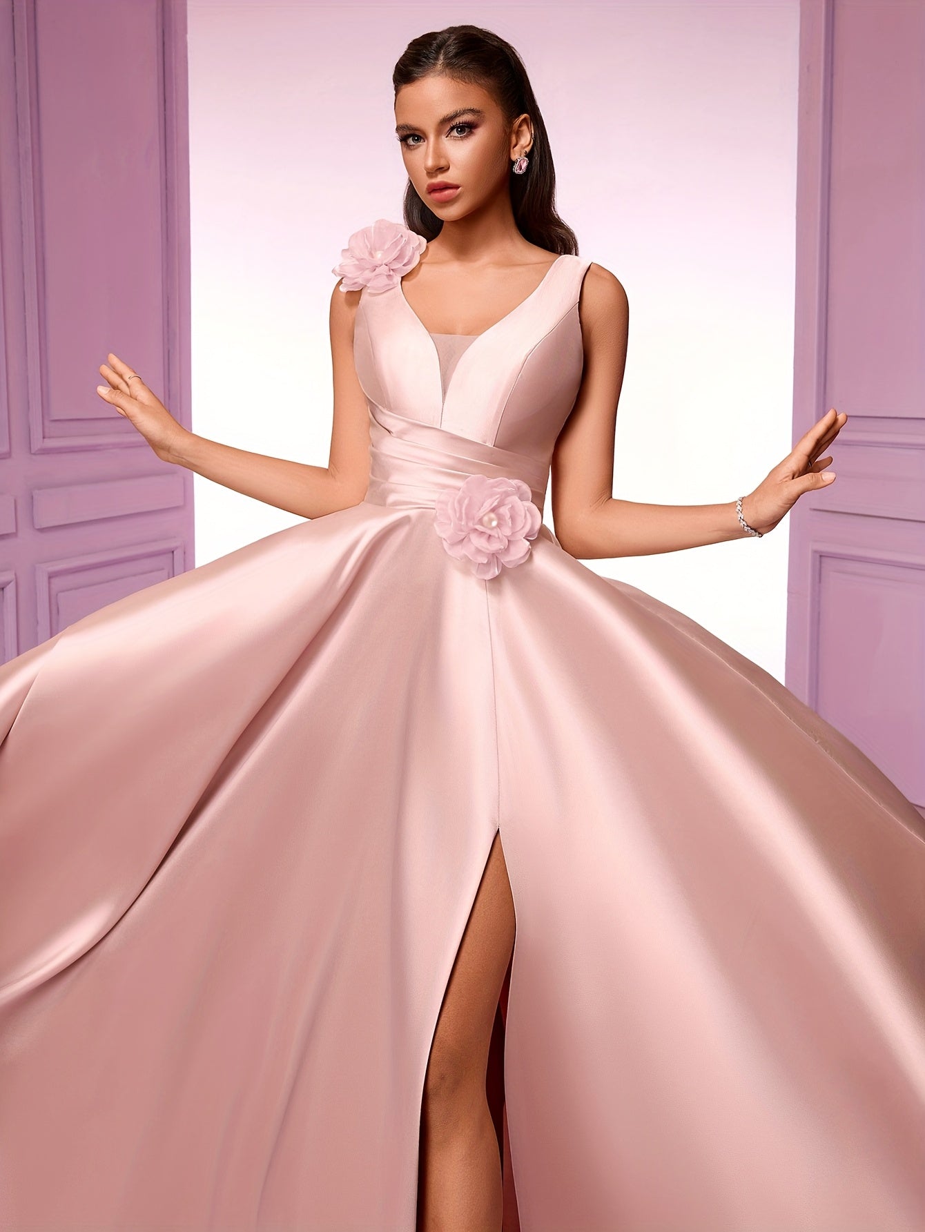 Elegant Women'S Sleeveless V-Neck Gown with Floral Waist Detail - High Waist, Flowing Silhouette, Perfect for Parties, Galas, and Formal Events, High Waist Gown