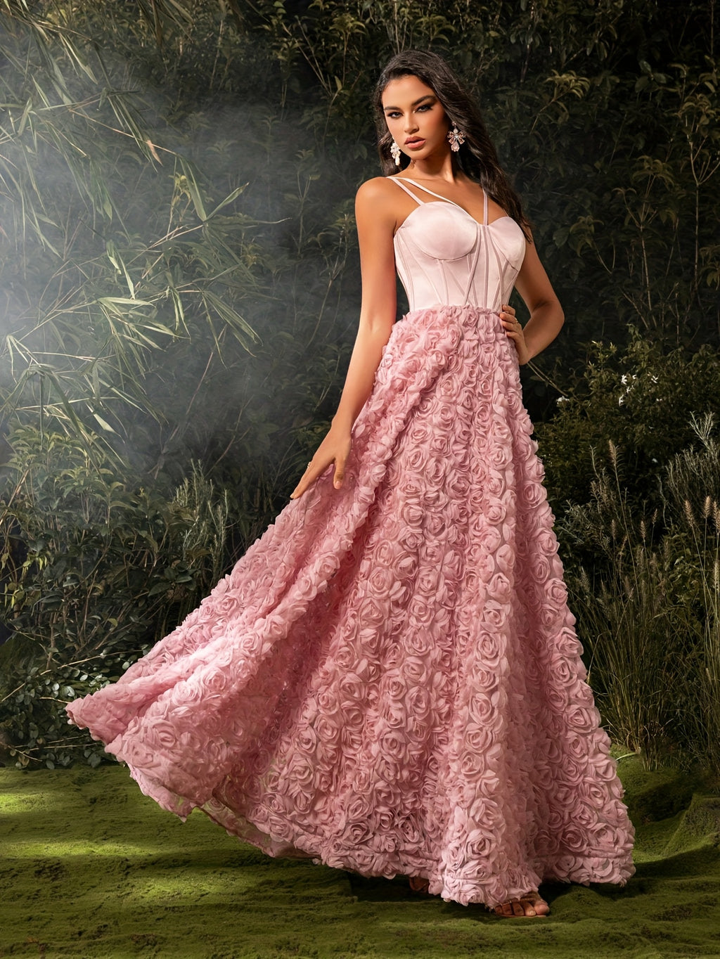 Elegant Off-Shoulder Floral Maxi Dress with Fishbone Waist Detail - Pink Rose Design, Sleeveless, Floor-Length, Perfect for Weddings & Formal Events, Wedding Guest Attire | Floral Print Dress | Polyester Fabric