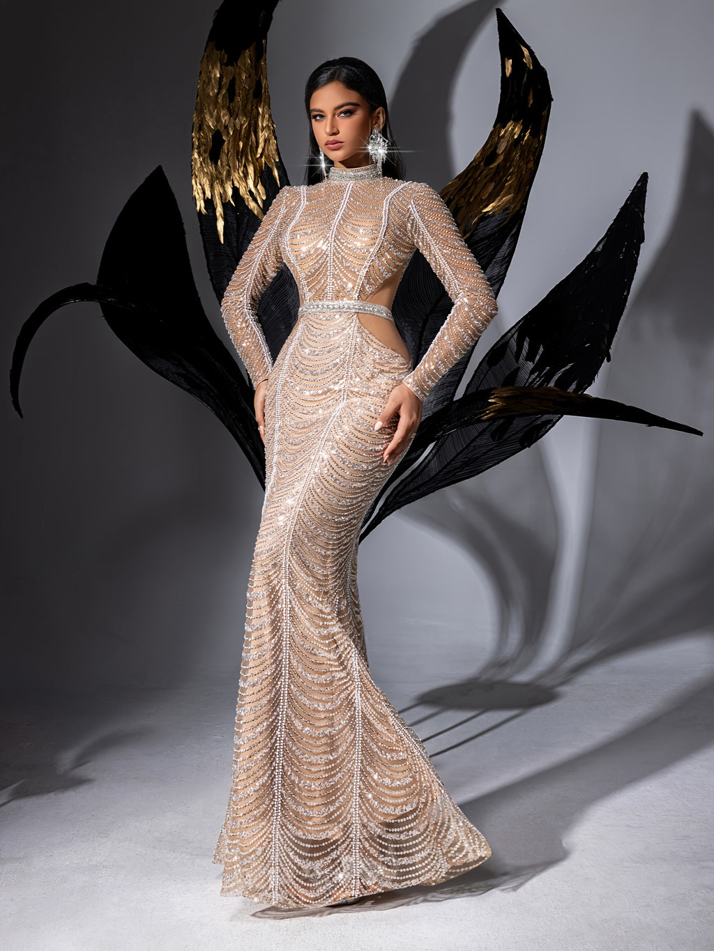 Elegant Women'S Mermaid Tail Evening Gown - High-End Bodycon Dress with Golden Embellishments, Long Sleeve, Round Neck, Perfect for Formal Events and Parties, Party Dress | Round Neckline | Golden Embellishments, Mermaid Dress