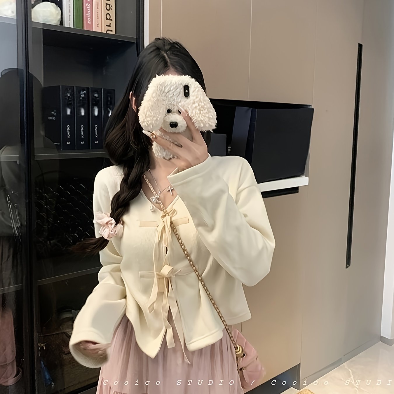 Women'S Casual Sweet Style Beige Cardigan with Bow Tie Detail - V-Neck, Long Sleeve, Button-Up Front, Ruffled Hem, Perfect for Spring & Fall, Casual Wear Cardigan | Vneck Cardigan | Construction