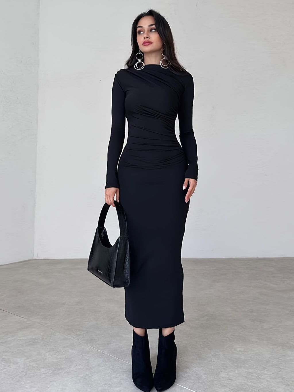 Elegant Long-Sleeve Black Fitted Dress with Ruched Detail and Slit - Stylish Pencil Skirt for Women, All-Season Wear, Elegant Attire|Ruched Detail Dress|Sleek Fit