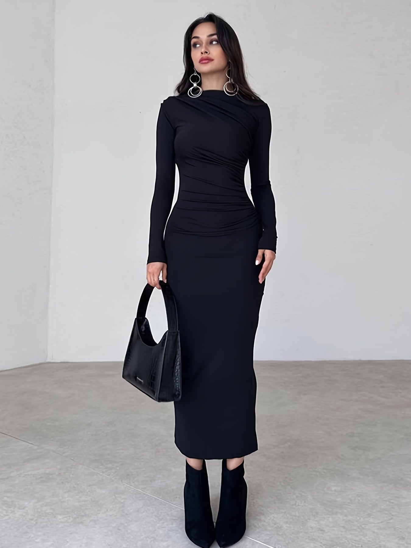 Elegant Long-Sleeve Black Fitted Dress with Ruched Detail and Slit - Stylish Pencil Skirt for Women, All-Season Wear, Elegant Attire|Ruched Detail Dress|Sleek Fit