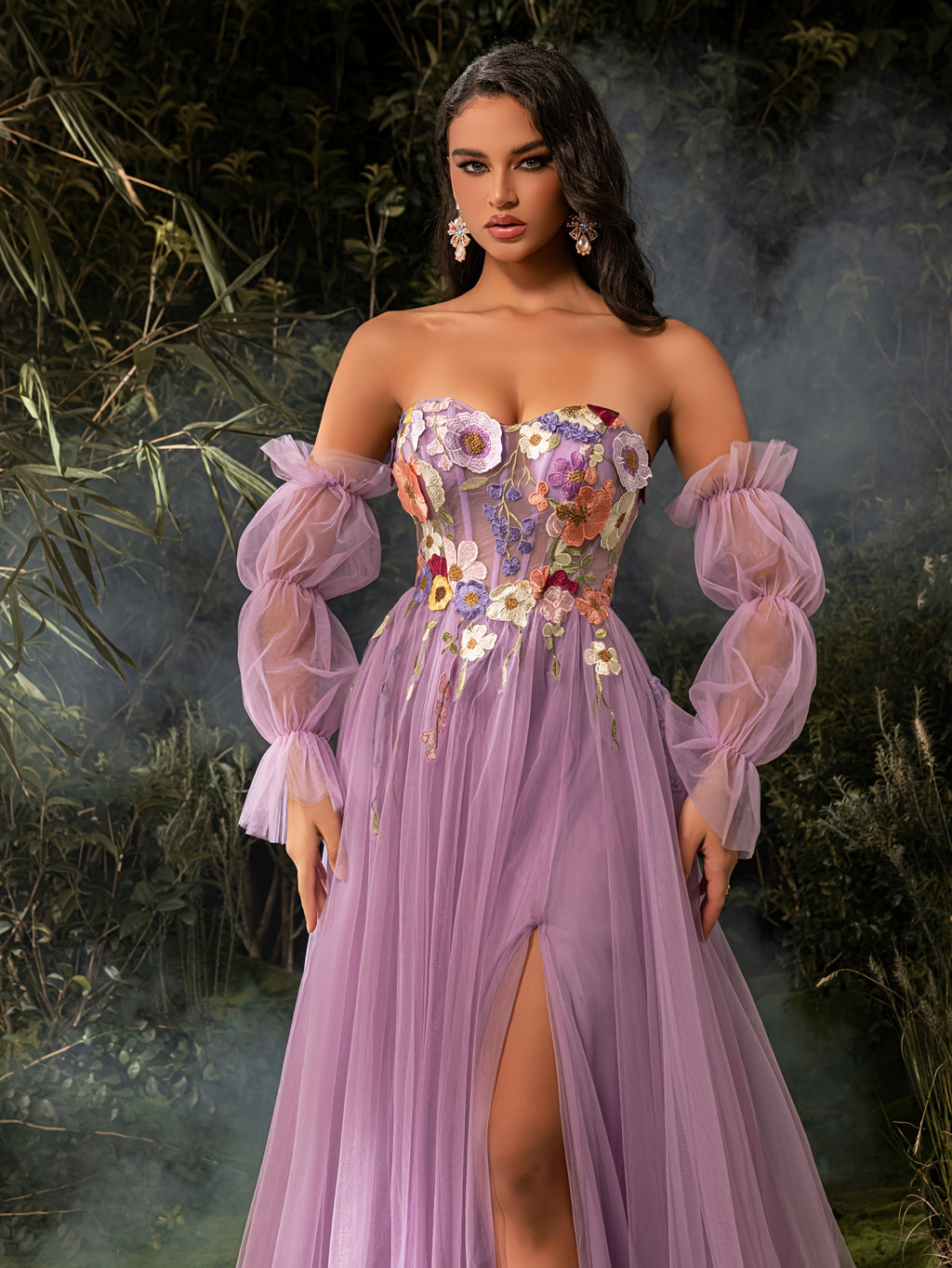 Elegant Off-Shoulder Corset Dress with Floral Embroidery & Tulle Skirt - Long Sleeve, High Slit, Floor-Length Evening Gown for Weddings, Parties, Formal Events, Wedding Guest Attire, Sophisticated Craftsmanship