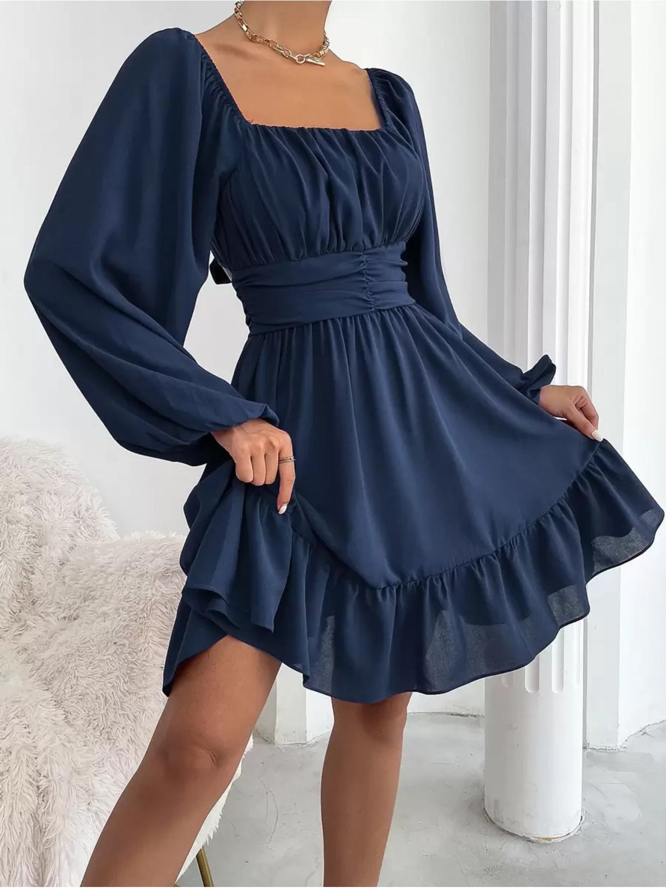 Women'S Elegant Navy Knot Back Lantern Sleeve Ruffle Hem Milkmaid Dress - Square Neck Short Formal Party Wedding Guest Dress with Puff Sleeve Ruffles, All-Season Versatile Party & Semi-Formal Attire, Comfortable & Flattering Fit, Easy Care Fabric