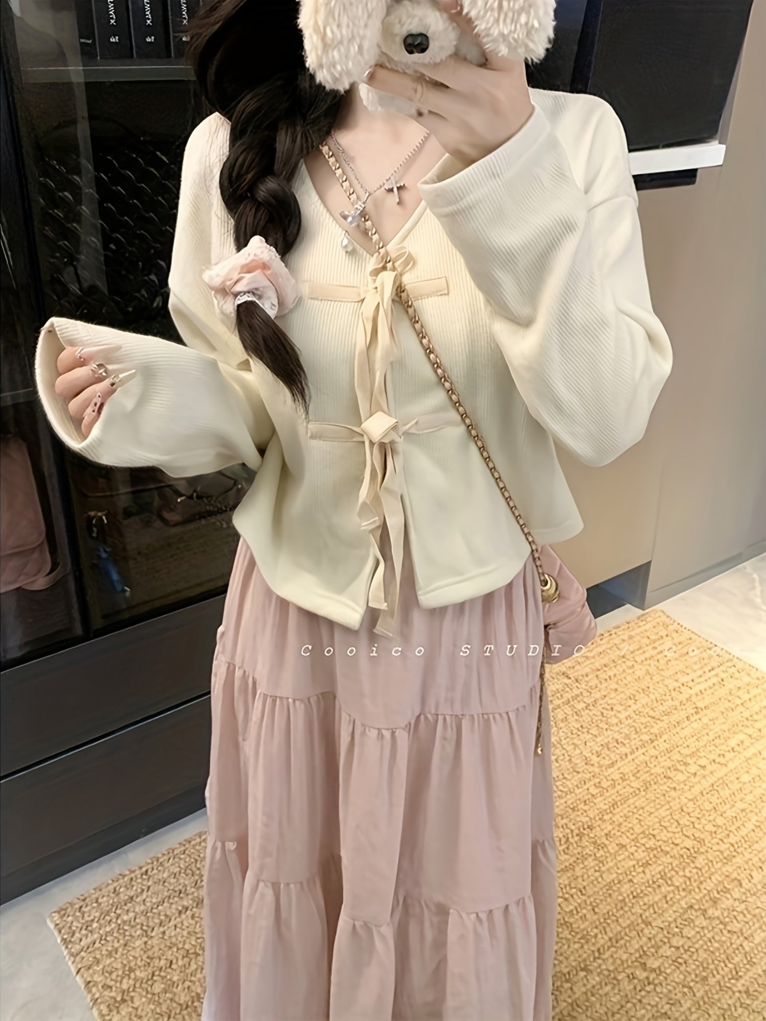 Women'S Casual Sweet Style Beige Cardigan with Bow Tie Detail - V-Neck, Long Sleeve, Button-Up Front, Ruffled Hem, Perfect for Spring & Fall, Casual Wear Cardigan | Vneck Cardigan | Construction