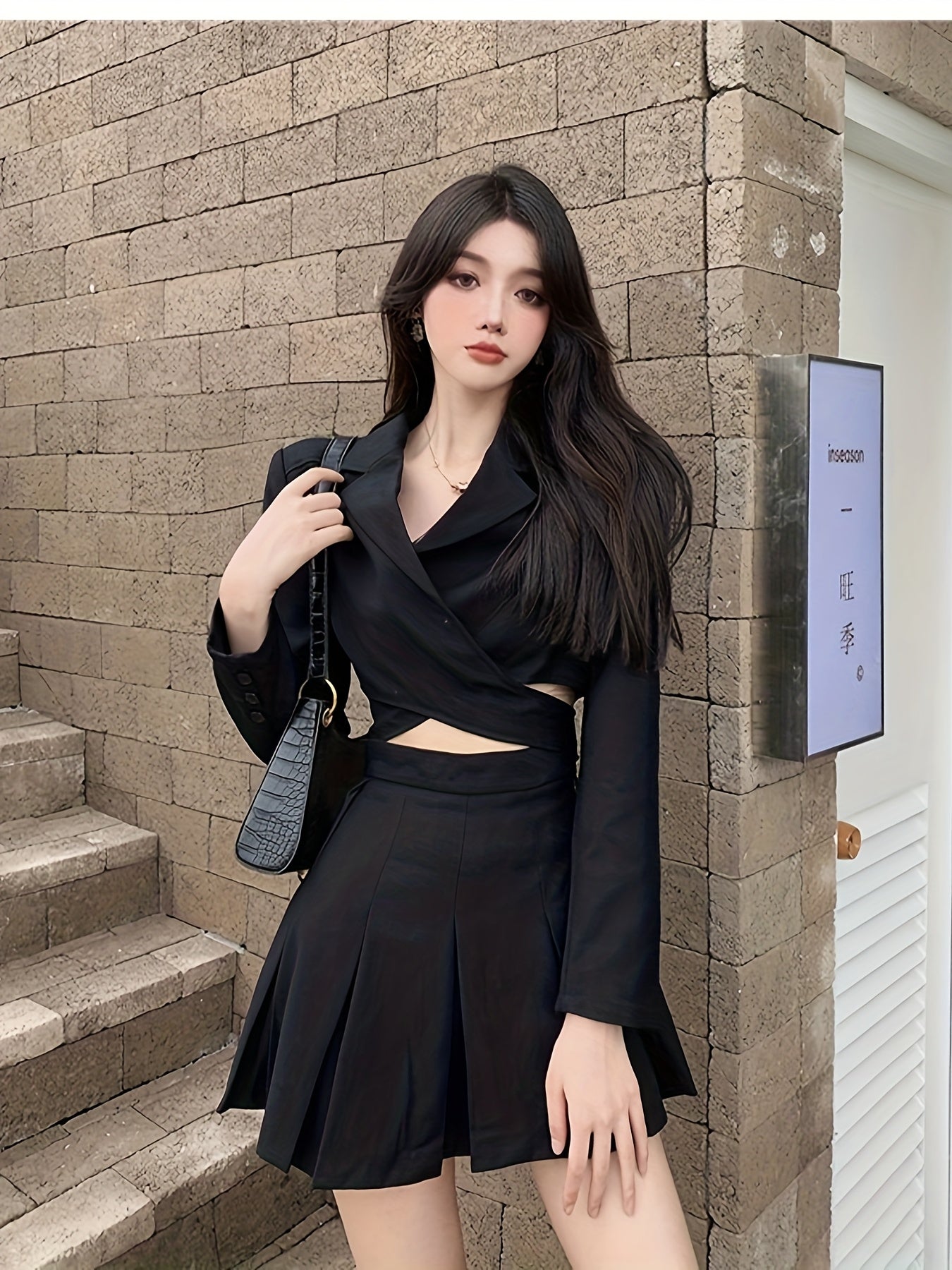 Women'S Elegant Black Long Sleeve Blazer & Pleated Skirt Set - V-Neck, Cropped Blazer with Cut-Out Detail, High-Waisted Skirt, Non-Stretch Fabric, Perfect for Spring\u002FFall, Office or Casual Wear, Versatile Fashion | Vneck Blazer | Nonstretch Fabric