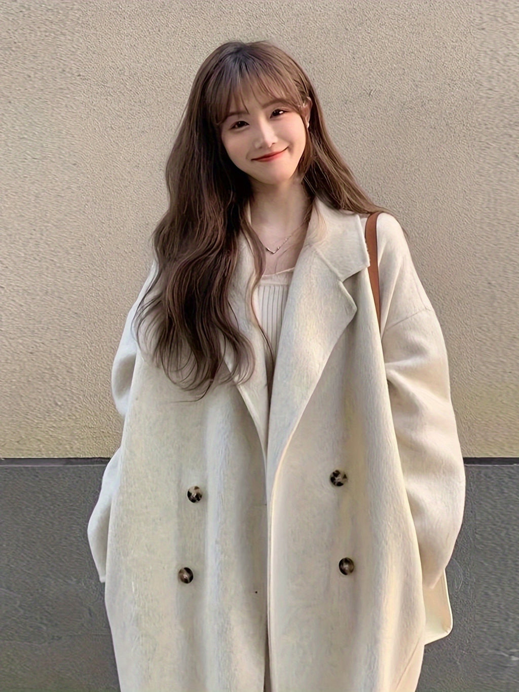 Women's Elegant Thickened Tweed Coat Double-Breasted Button Front Long Loose Fit Winter Jacket - \u002FBeige for petite, Smart Casual Outerwear (Hand Washable) Spring\u002FAutumn Clothing