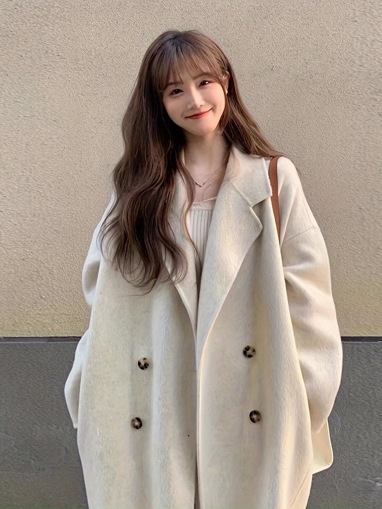 Women's Elegant Thickened Tweed Coat Double-Breasted Button Front Long Loose Fit Winter Jacket - \u002FBeige for petite, Smart Casual Outerwear (Hand Washable) Spring\u002FAutumn Clothing