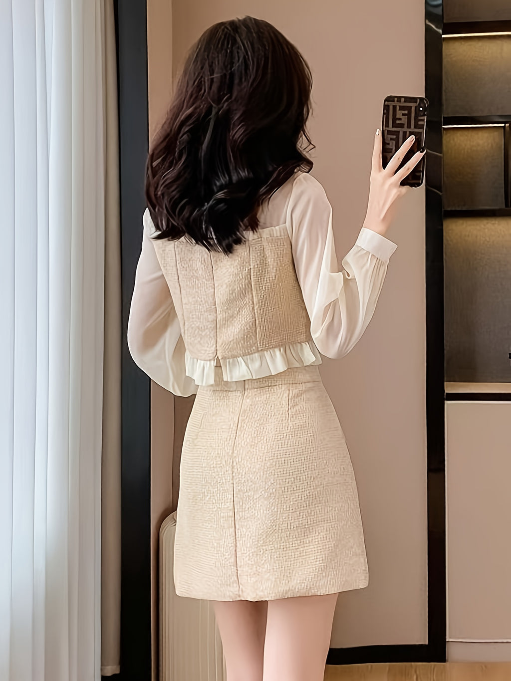 Autumn-Winter Petite Waist- Apricot Color Elegant Spliced Two-Piece Set, Autumn Outfit For Women