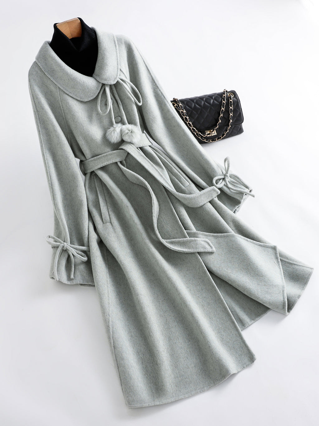 Gentle and Cute Light Green Tweed Luxury Wool Peter Pan Collar Tie Long Coat Women's Autumn Winter Outerwear Casual