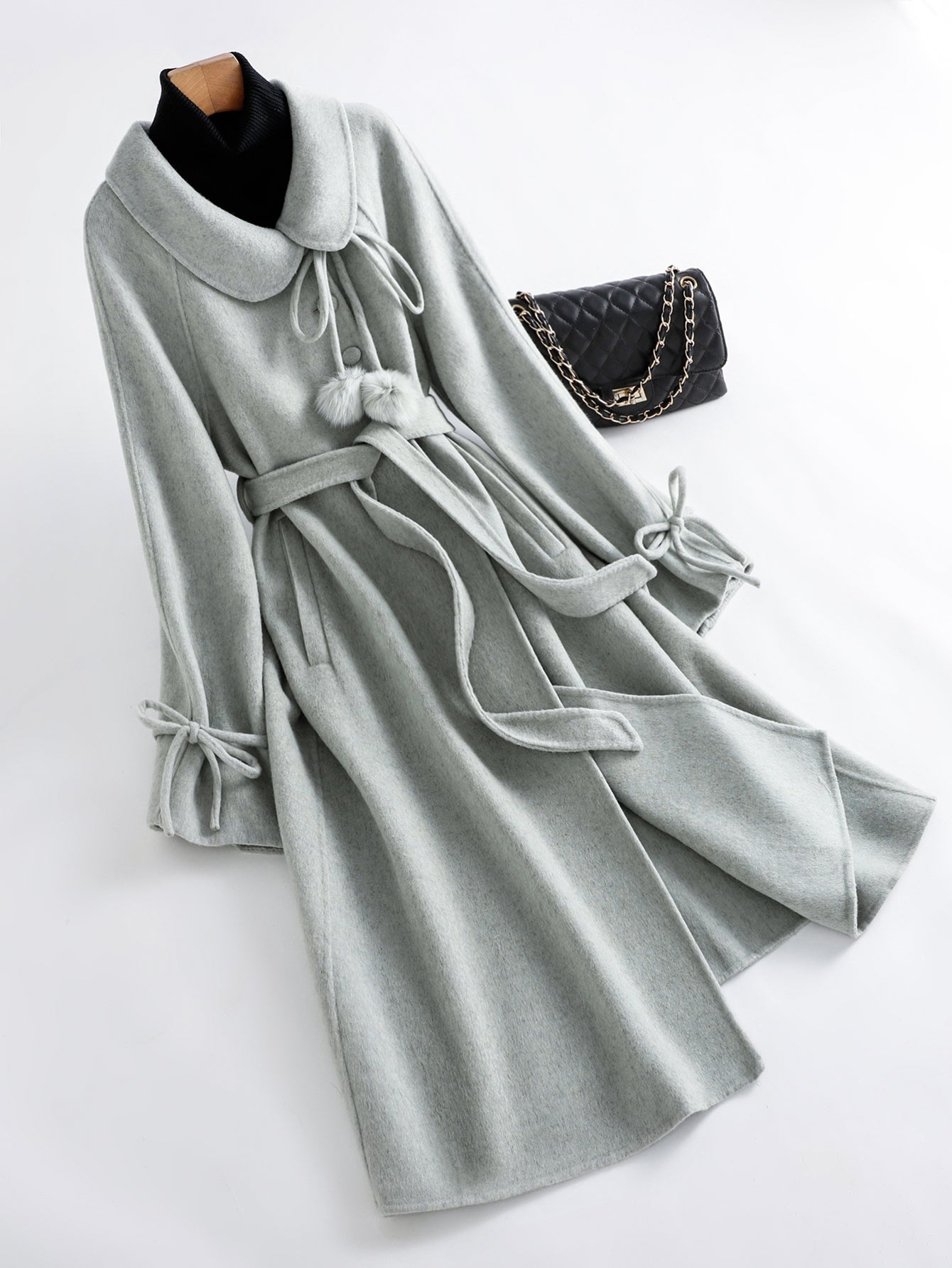 Gentle and Cute Light Green Tweed Luxury Wool Peter Pan Collar Tie Long Coat Women's Autumn Winter Outerwear Casual