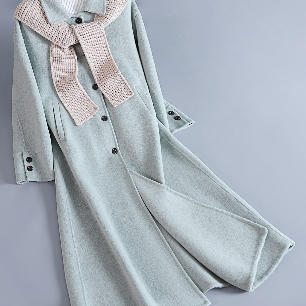 Women'S Mint Green Luxury Wool Coat - Elegant Lapel Collar Single-Breasted Winter Jacket with Pockets, Soft Warm Outerwear for Fall & Winter, Casual to Formal Events, Winter Coat, Formal Event Attire, Sophisticated Style, Durable Fabric