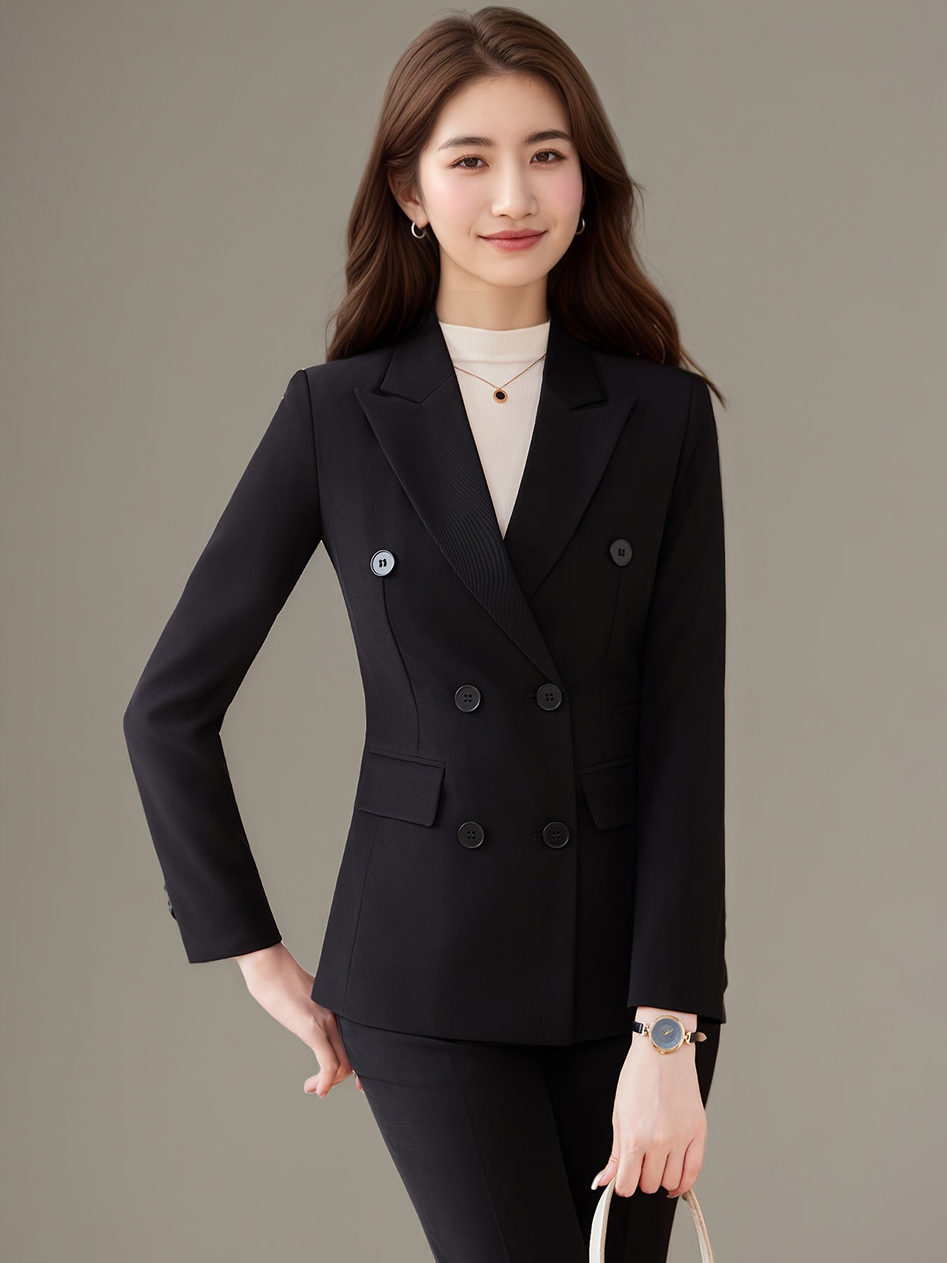 Fashionable and Simple Commuter Women's Suit Set with Double-Breasted Elegant Slim-Fit High-End Suit Pants Two-Piece Set