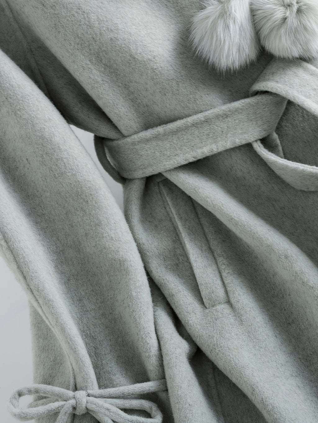 Gentle and Cute Light Green Tweed Luxury Wool Peter Pan Collar Tie Long Coat Women's Autumn Winter Outerwear Casual