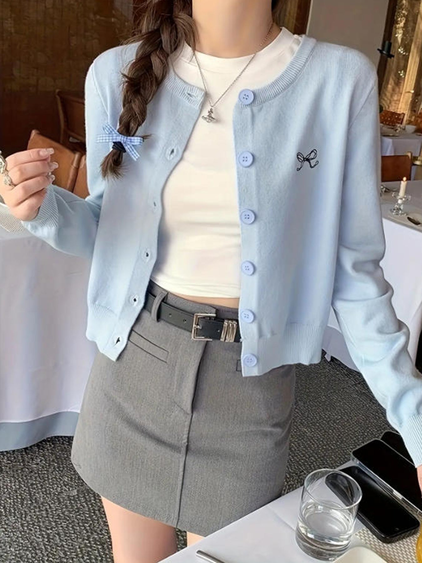 Women's Korean Style -Embroidered Cardigan Jacket - 4 Colors (White\u002FBlack\u002FNavy\u002FBeige) | Short Slim-Fit Blazer-like Coat with Collar & Golden-Tone Buttons | Spring\u002FFall Layering for Casual, Office & College Wear