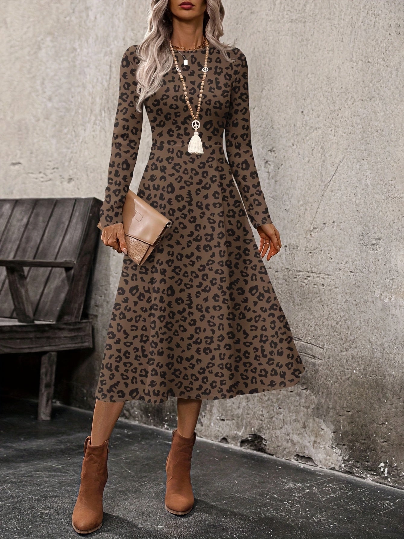 Women'S Elegant Leopard Print Maxi Dress - Long Sleeve A-Line Formal & Everyday Outfit, Flared Hem, Fall\u002FWinter Wardrobe Essential for Parties, Office
