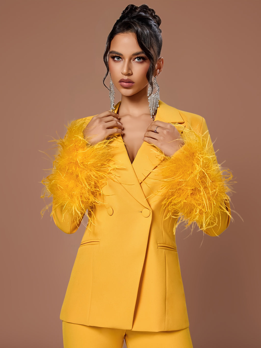 Prosperity Lady Elegant Solid Color Long Sleeve Fuzzy Casual Suit New Single-Buckle Daily Wear Suit