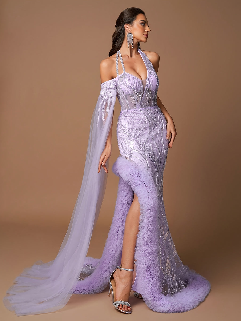 Elegant Lavender Halter Neck Evening Gown for Women | Deep V-Neck with Sequin Detail | Ruffled Lace-Up Bodice & High-Low Hem | Sheer Mesh Sleeves | Perfect for Formal Events