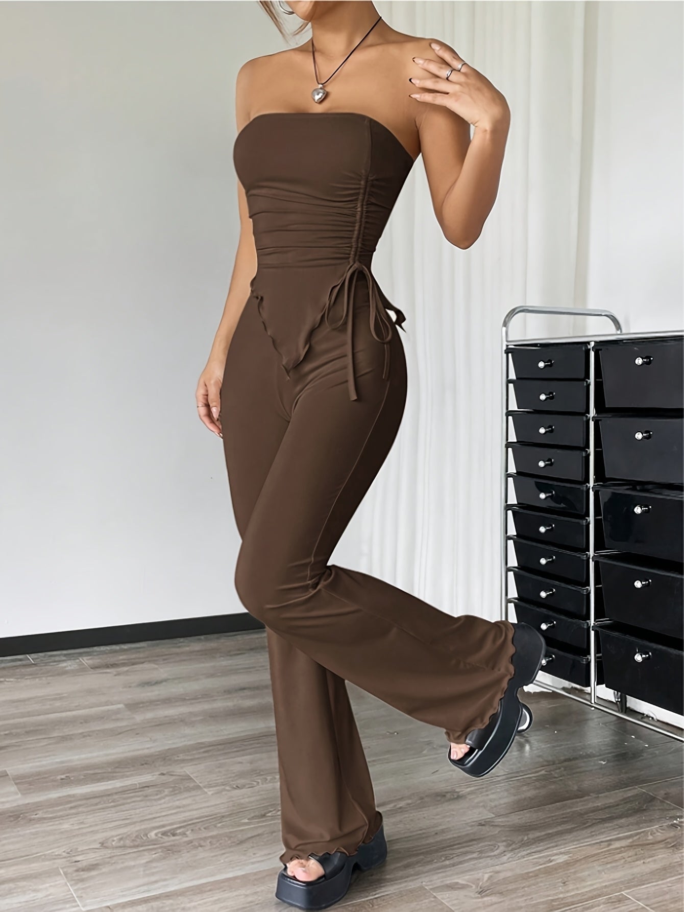 Women'S Elegant Solid Color Drawstring Ruched Tube Top & Flared Pants Set - High Waist, Stretchy Polyester, All-Season Fashion, Casual Chic, Casual Chic Outfit|High Waist Top|Polyester Fabric