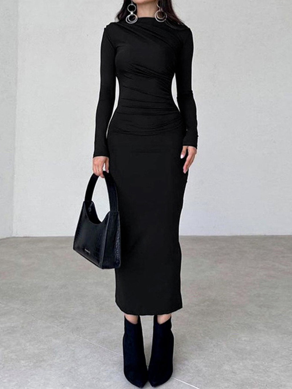 Women's Elegant Black Ruched Slim-Fit Dress - High Neck Long Sleeve A-Line Winter Dress with Short Hip Slit, Hand Washable Fall\u002FWinter Wedding Guest Dress, Office Party & Formal Attire (No- Round Neckline)