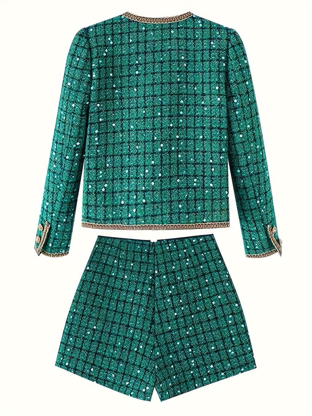 Autumn\Winter Orientation Fashionable green socialite high-end sequin retro woven lace round neck jacket + Women's shorts set