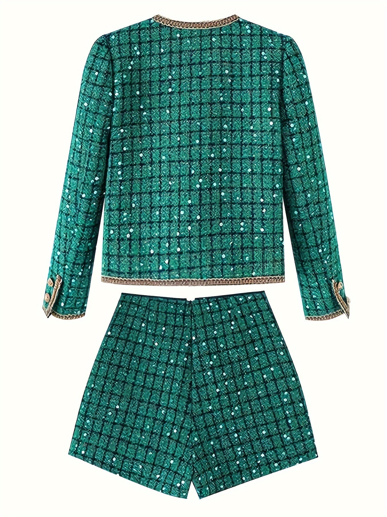 Autumn\Winter Orientation Fashionable green socialite high-end sequin retro woven lace round neck jacket + Women's shorts set
