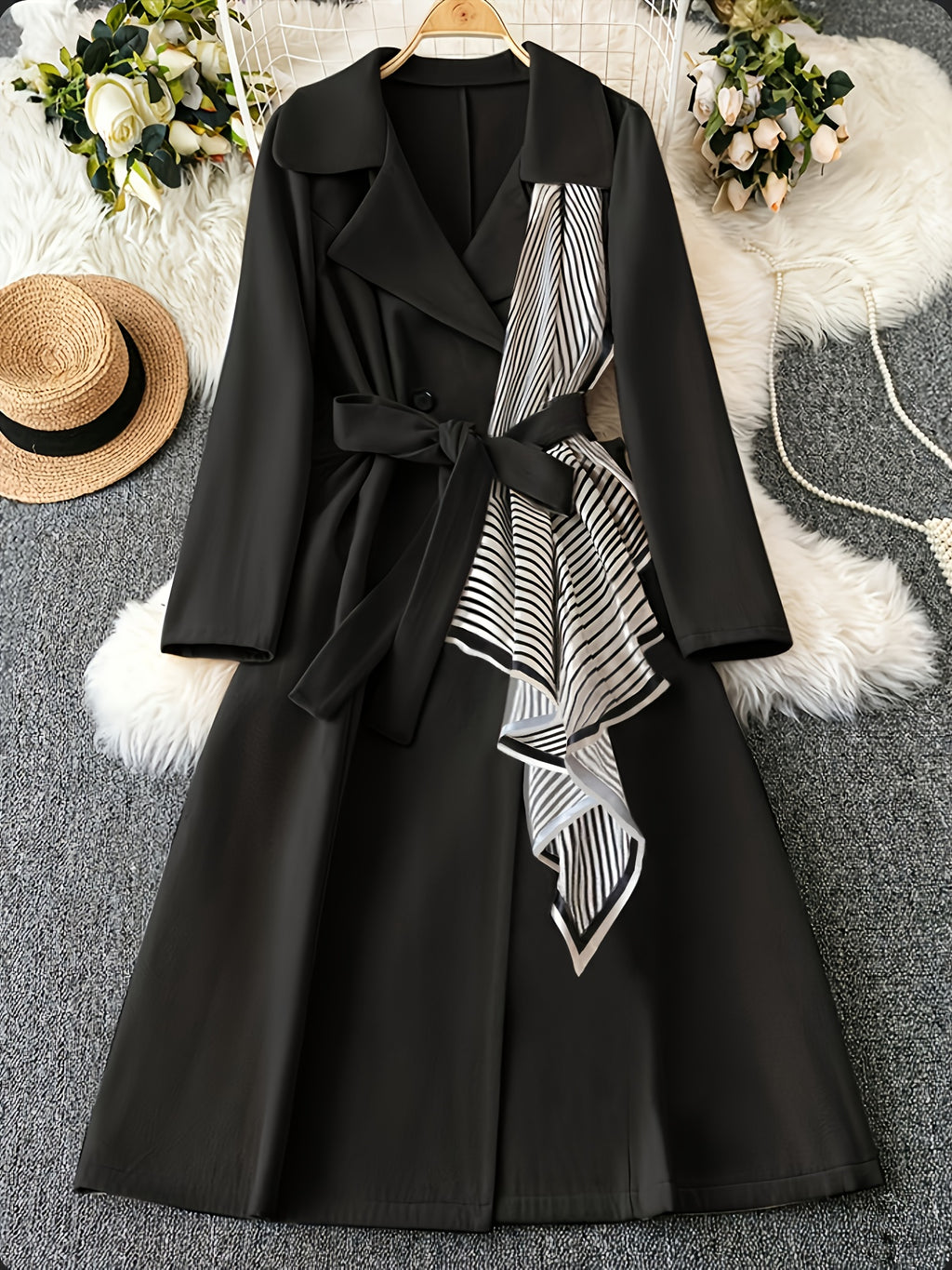 Elegant Black Double-Breasted Coat with White Piping & Bow Tie Belt - Full-Length Winter Jacket, Structured Collar, Machine Washable for, Weddings, Parties - Tailored Trench Coat