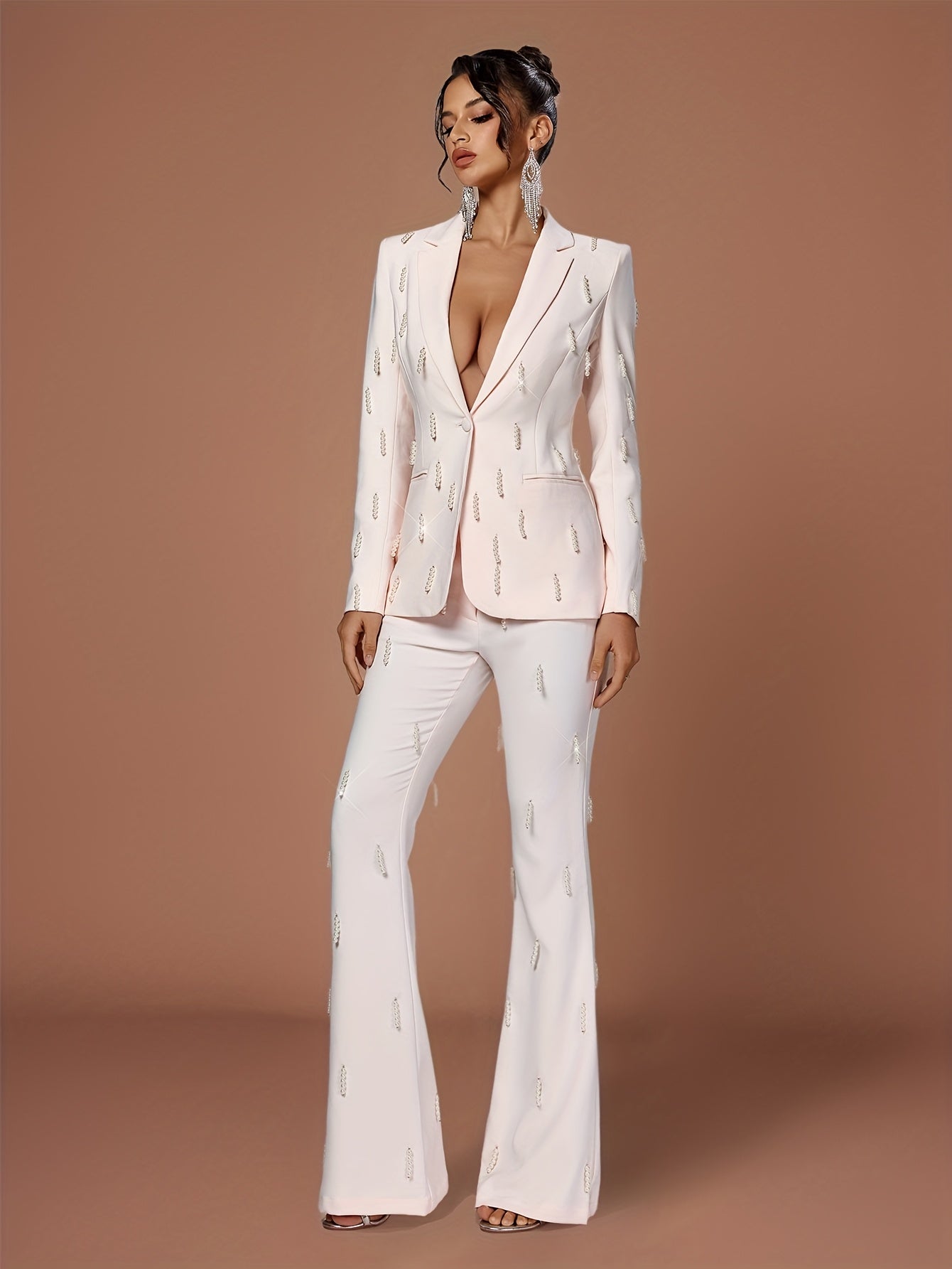 Elegant Beaded Blazer & Pants Set - Chic White Double-Breasted Suit with Lapel Collar, Long Sleeves, and Side Pockets for Women, Perfect for Casual or Formal Occasions, Casual Attire|Sophisticated Style|Beaded Detailing