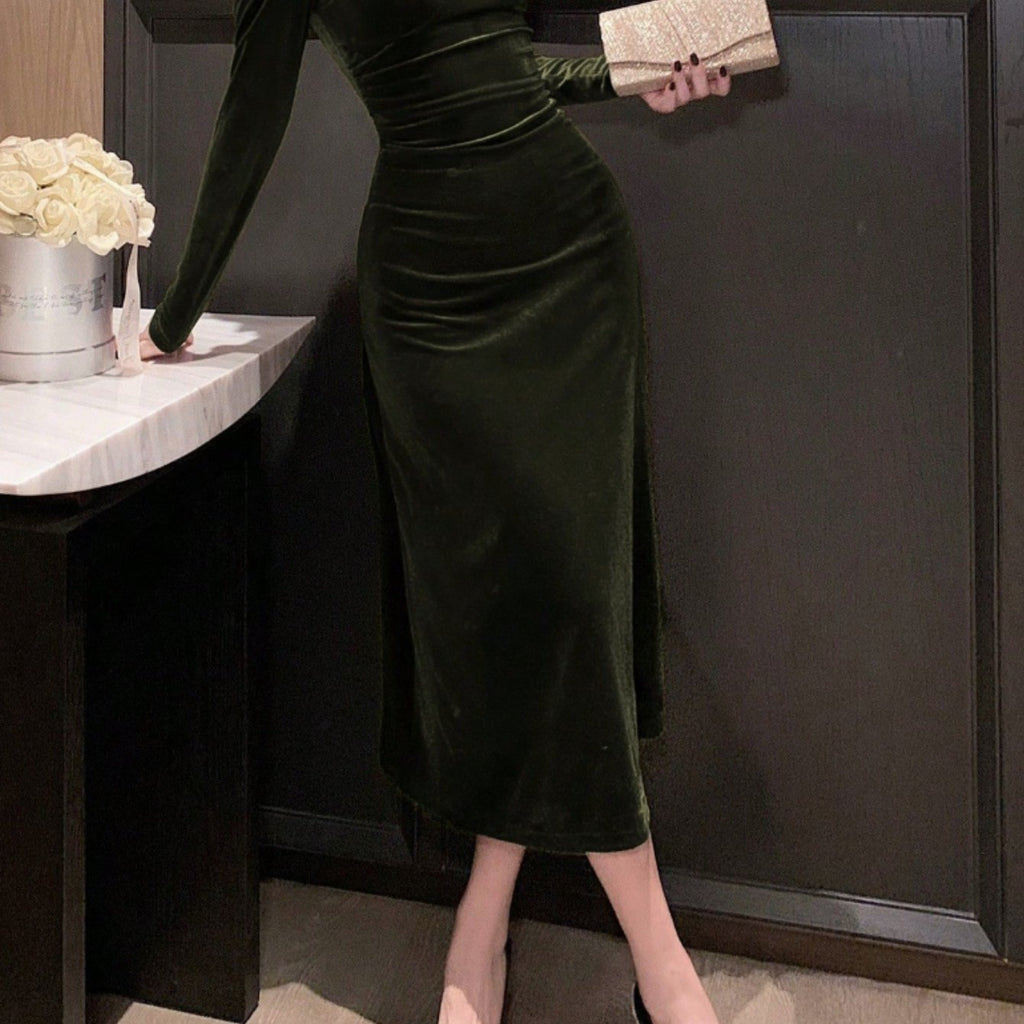 Women's Dark Green Fitted Square Neck Lace Panel Midi Dress - Winter Wedding Guest Gown, Prom Dress & Elegant Party Evening Dress, Hand Washable Retro Luxury Formal Attire