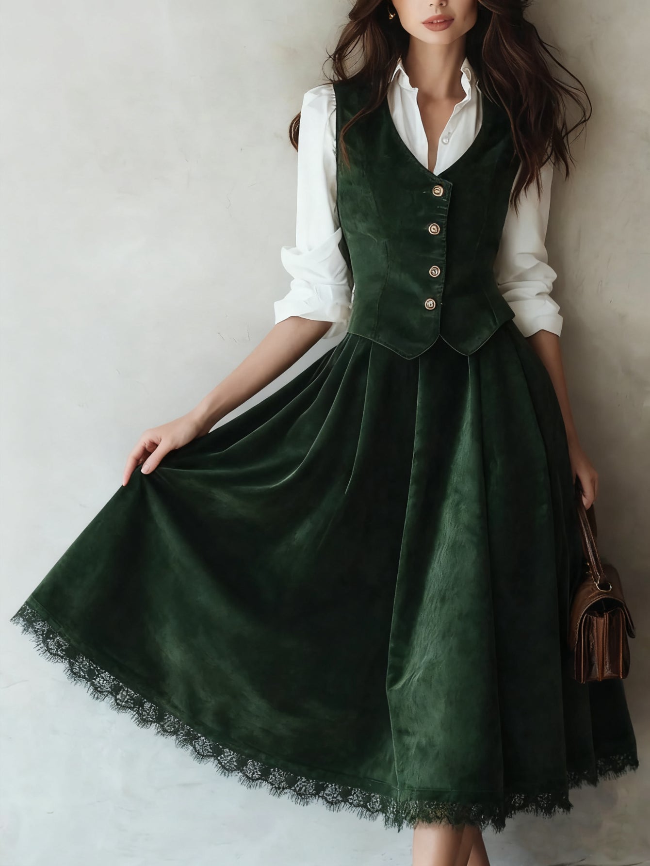 2pcs Women's Dark Green Velvet-Like Vest & Lace-Hem Midi Skirt Set - Vintage Elegant Collar Jacket & Full Skirt Outfit for Fall\u002FWinter, Hand Washable Formal & Professional Wear, Wedding Guest or Office Attire