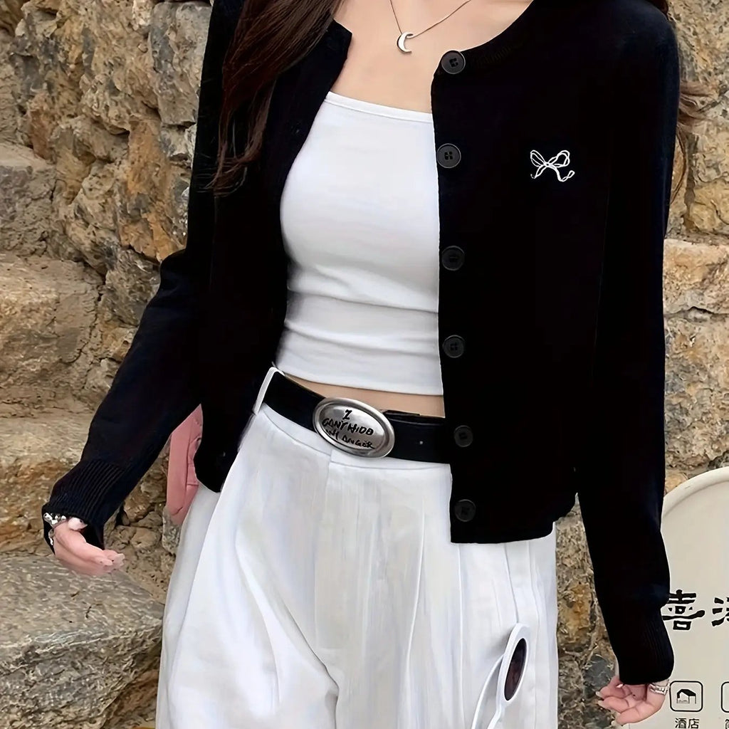 Women's Korean Style -Embroidered Cardigan Jacket - 4 Colors (White\u002FBlack\u002FNavy\u002FBeige) | Short Slim-Fit Blazer-like Coat with Collar & Golden-Tone Buttons | Spring\u002FFall Layering for Casual, Office & College Wear