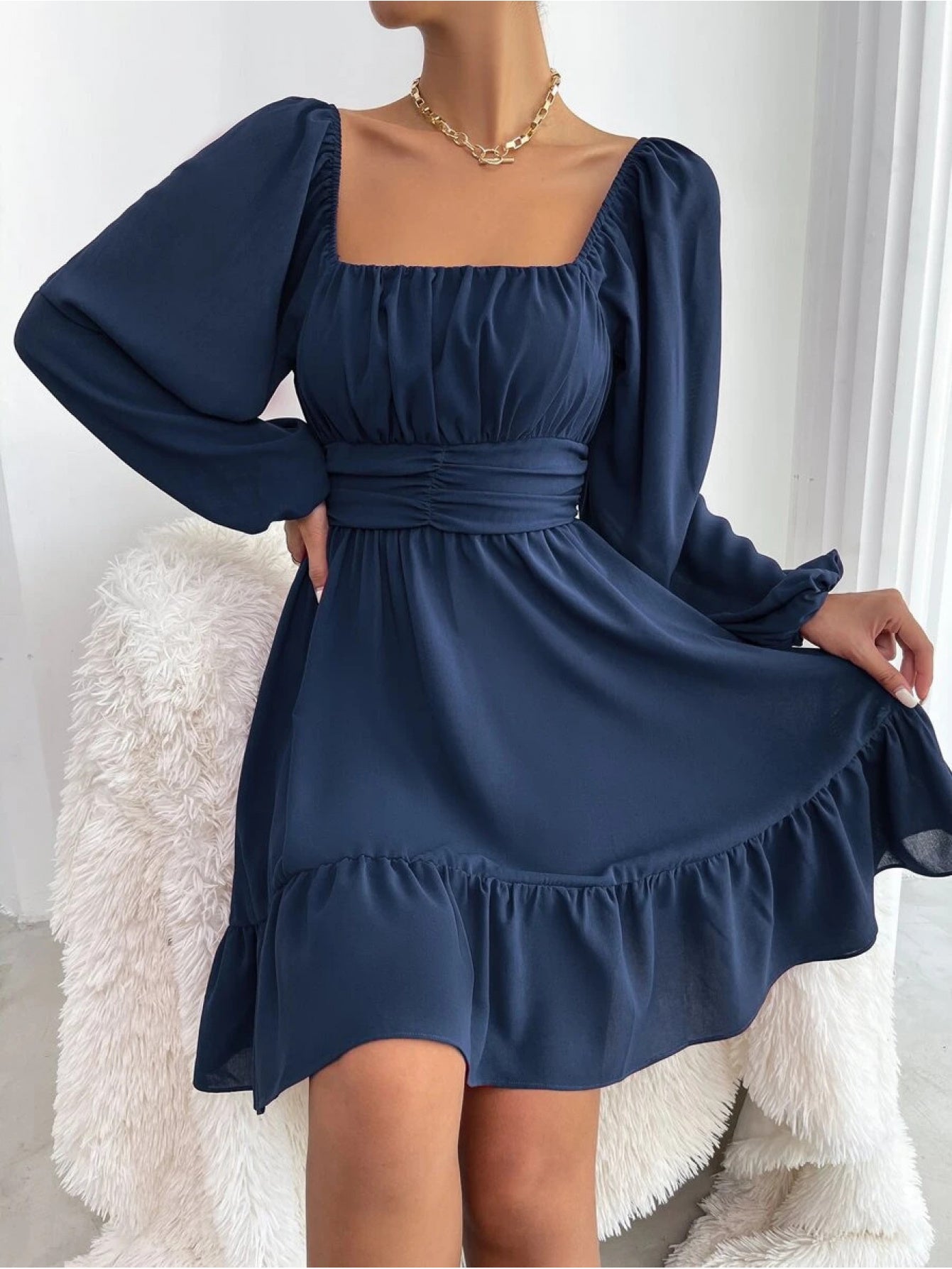 Women'S Elegant Navy Knot Back Lantern Sleeve Ruffle Hem Milkmaid Dress - Square Neck Short Formal Party Wedding Guest Dress with Puff Sleeve Ruffles, All-Season Versatile Party & Semi-Formal Attire, Comfortable & Flattering Fit, Easy Care Fabric