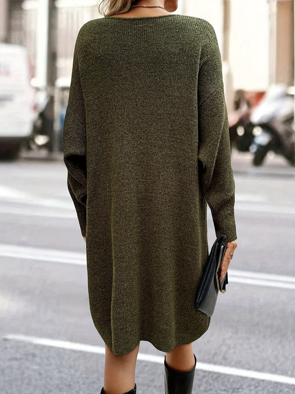 Women's V-neck Long-sleeved Dress, Plain Color Casual Ribbed Pullover Fleece Dress