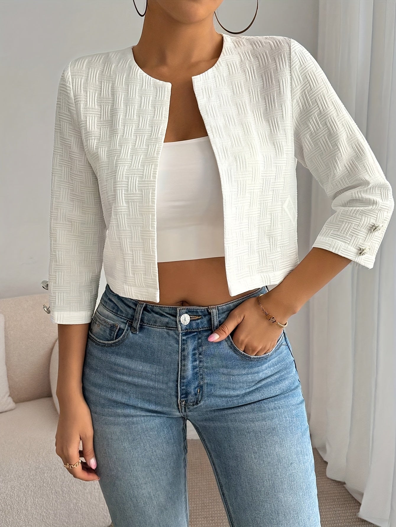 Women's Elegant Retro White Jacket - Casual Chic Cropped Three-Quarter Sleeve Open Front Blazer, Solid Color All-Season Versatile Outerwear, Stylish Layering, Sophisticated Tailoring