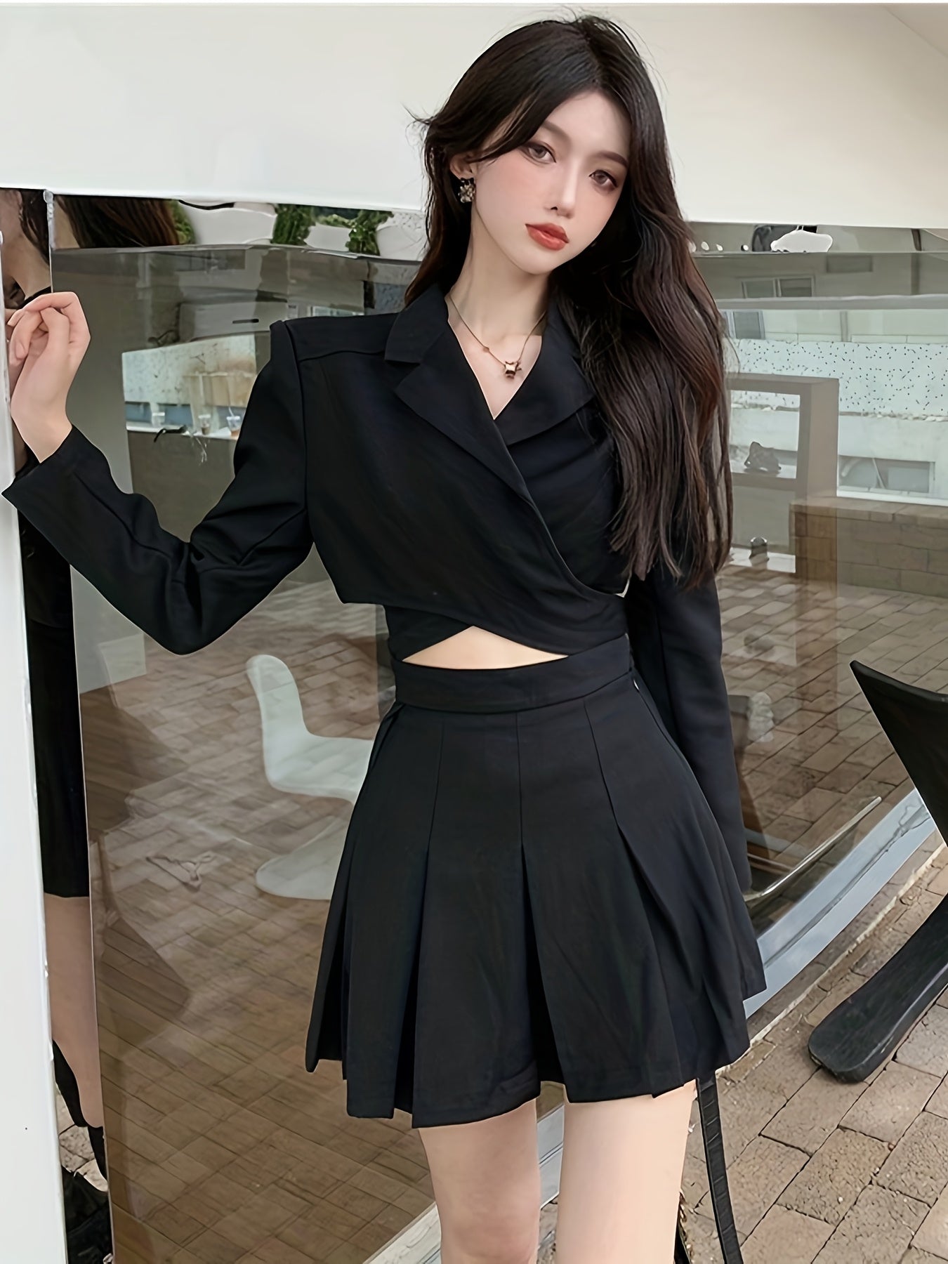 Women'S Elegant Black Long Sleeve Blazer & Pleated Skirt Set - V-Neck, Cropped Blazer with Cut-Out Detail, High-Waisted Skirt, Non-Stretch Fabric, Perfect for Spring\u002FFall, Office or Casual Wear, Versatile Fashion | Vneck Blazer | Nonstretch Fabric