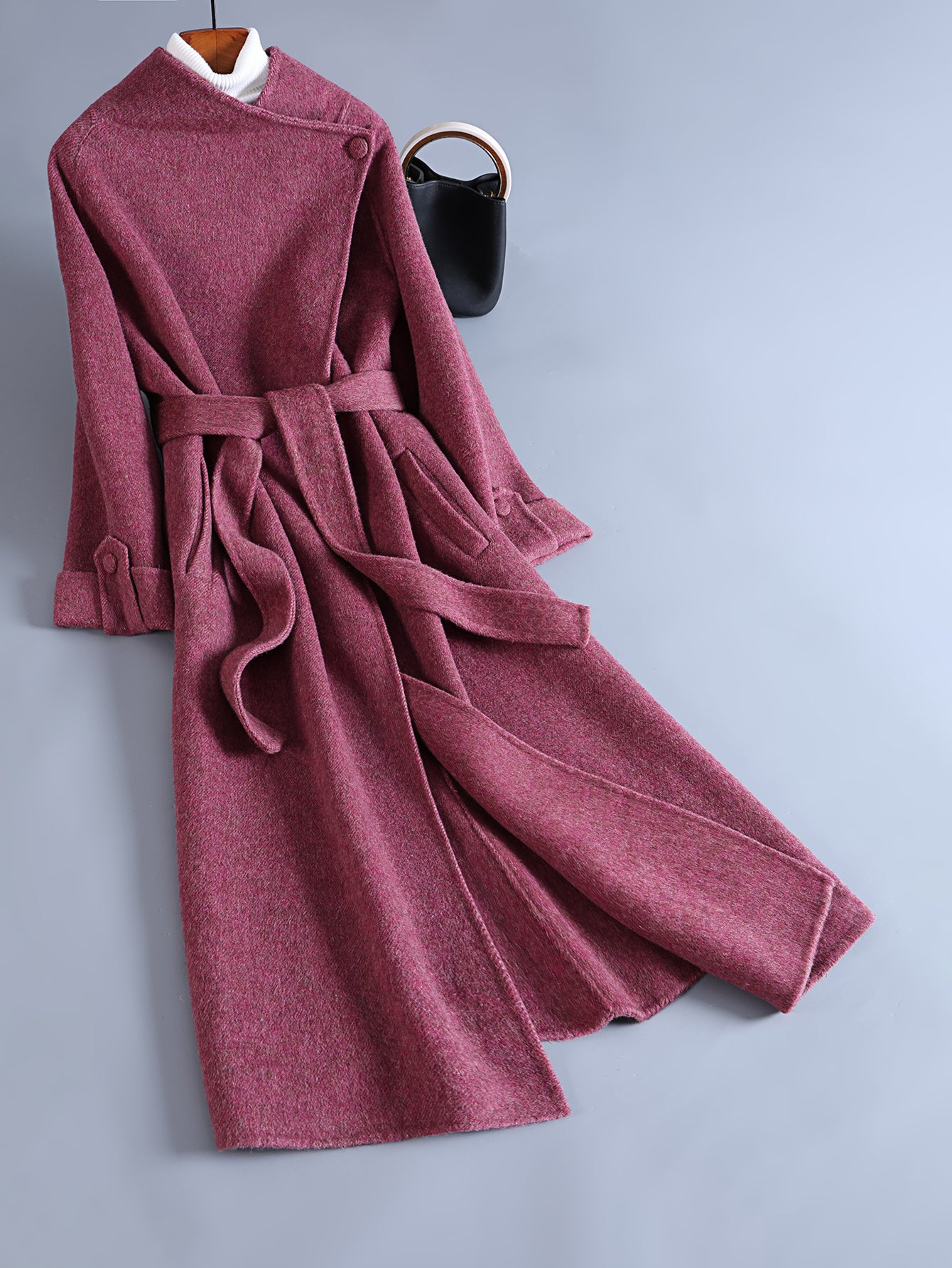 Fashionable Eye-Catching Rose Pink Luxury Wool Wrap Coat with Large Asymmetrical Collar and Tie for Women, Long Autumn\u002FWinter Outerwear for Daily Commute