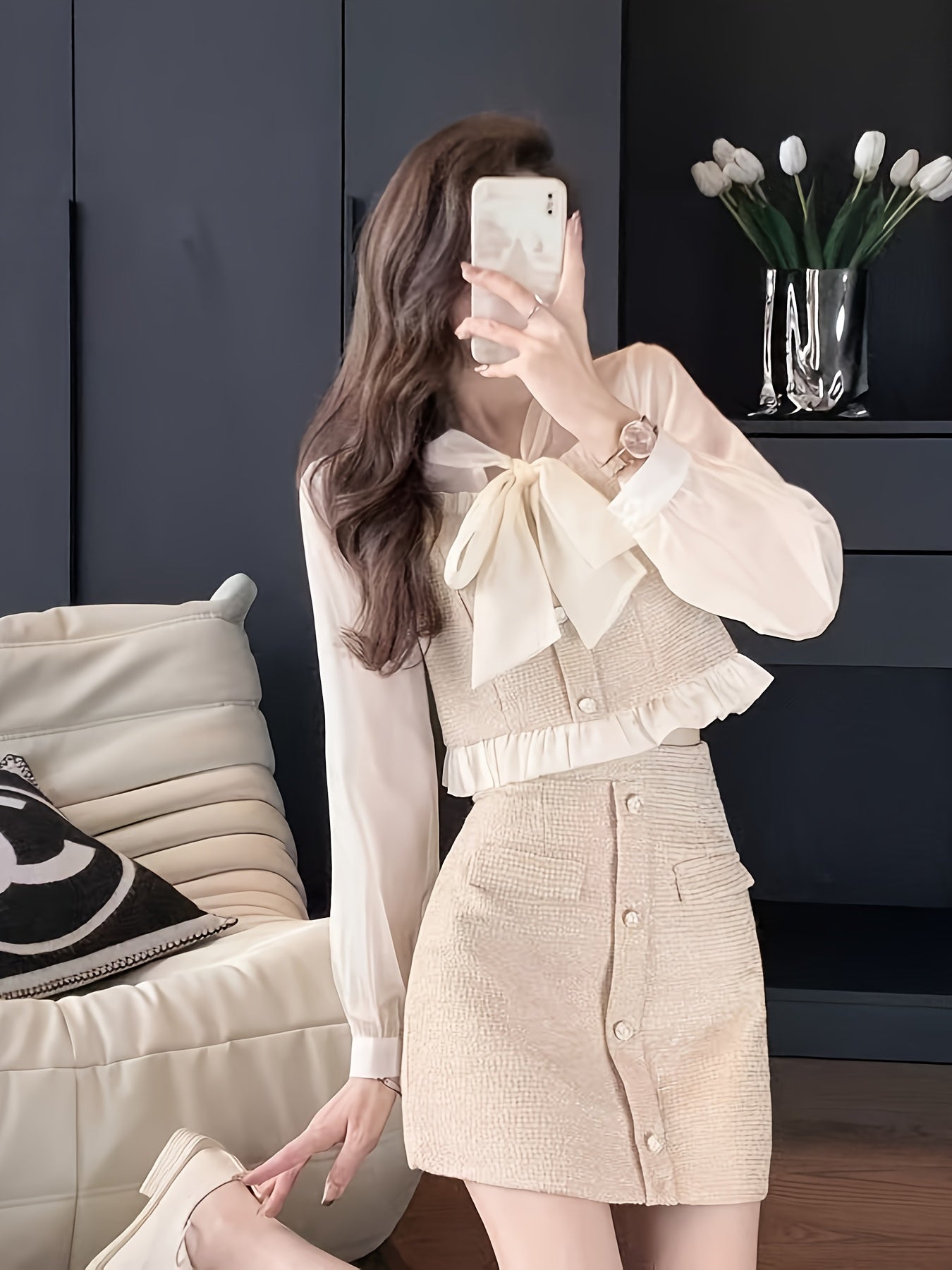 Autumn-Winter Petite Waist- Apricot Color Elegant Spliced Two-Piece Set, Autumn Outfit For Women