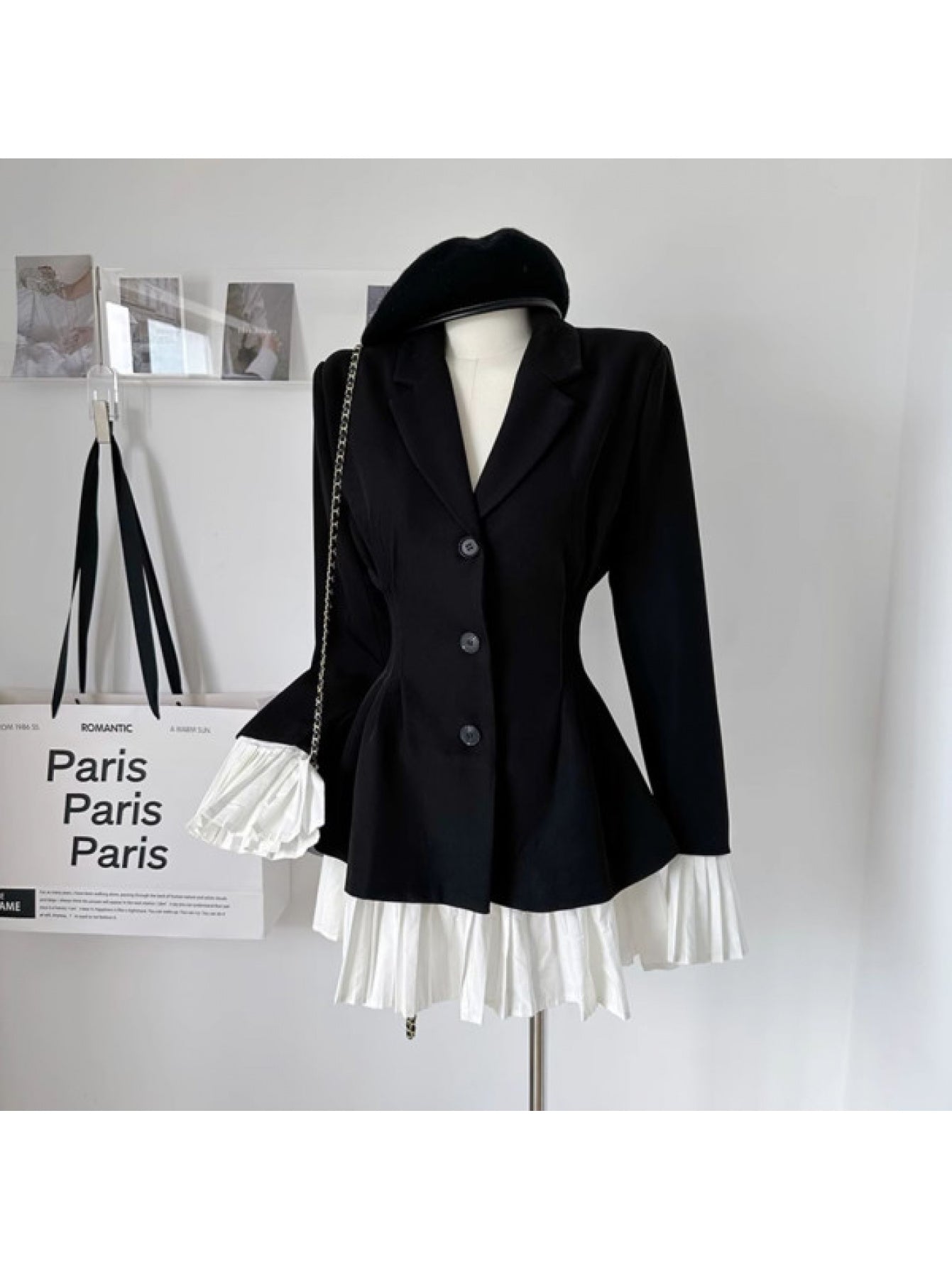 Women's French-Style Elegant Patchwork Button-Front Dress with  - Short Skirt, Ruffle Trim Long Sleeve Wedding Guest Dress, Autumn\u002FWinter Party Attire (Solid Colors)