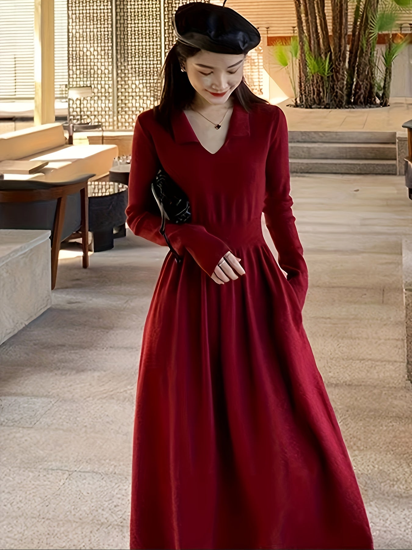 Elegant Red Dress - Long Sleeve, V-Neck, Ruched Waist, Black Beret | Polyester, Fall Winter Attire, Stylish Layering Piece