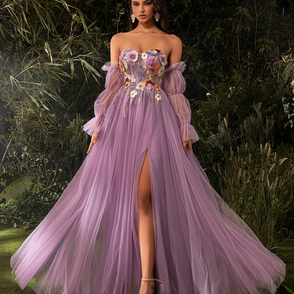 Elegant Off-Shoulder Corset Dress with Floral Embroidery & Tulle Skirt - Long Sleeve, High Slit, Floor-Length Evening Gown for Weddings, Parties, Formal Events, Wedding Guest Attire, Sophisticated Craftsmanship