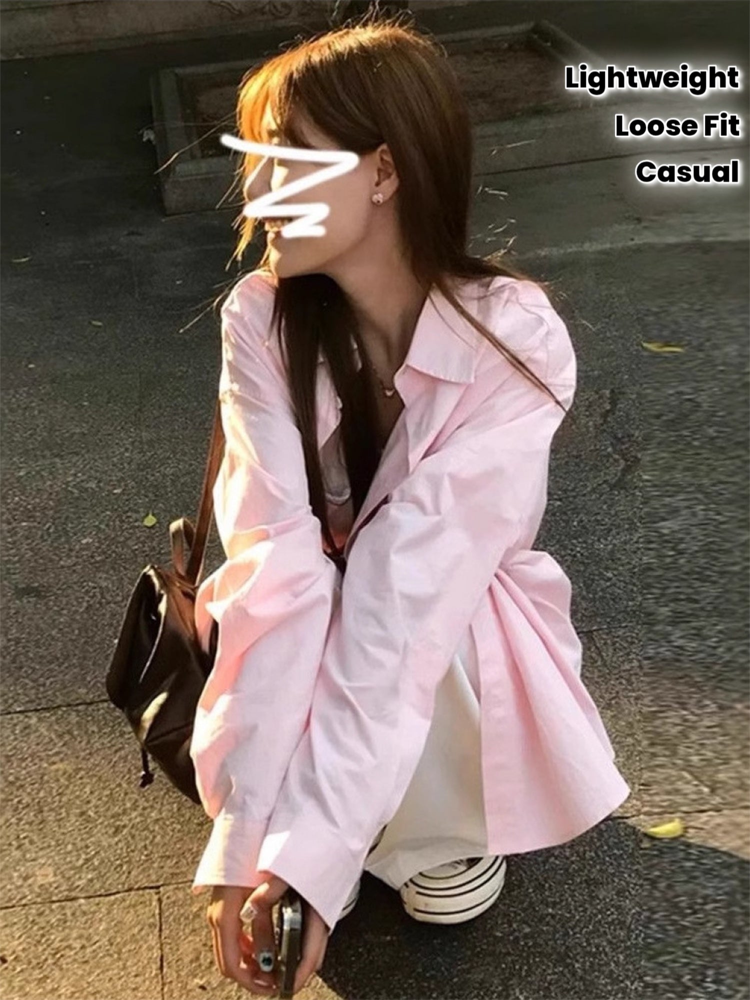 Women's Pink Collar Blouse Jacket - Loose-Fit Mid-Length Cardigan Coat, Lightweight Sunscreen Shirt for Autumn & Spring, Casual to Dressy Outerwear (Hand Wash\u002FDry Clean) - No Collarbone-Length Shortcuts