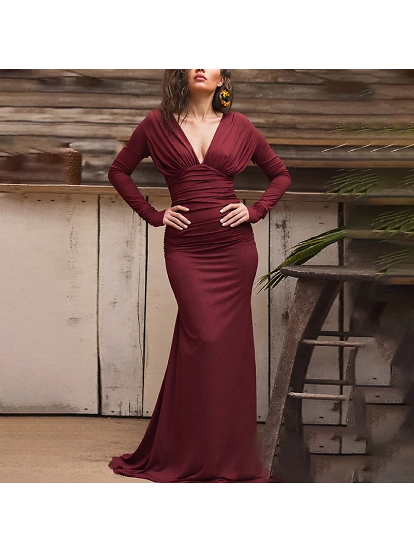 Elegant Long Sleeve Mermaid\u002FBodycon Dress with Chest Padding &  - Solid Color Formal Party Wedding Guest Gown, Autumn Winter Dress for Proms Galas - Hand Wash\u002FDry Clean Care (Style Ready-to-Wear)