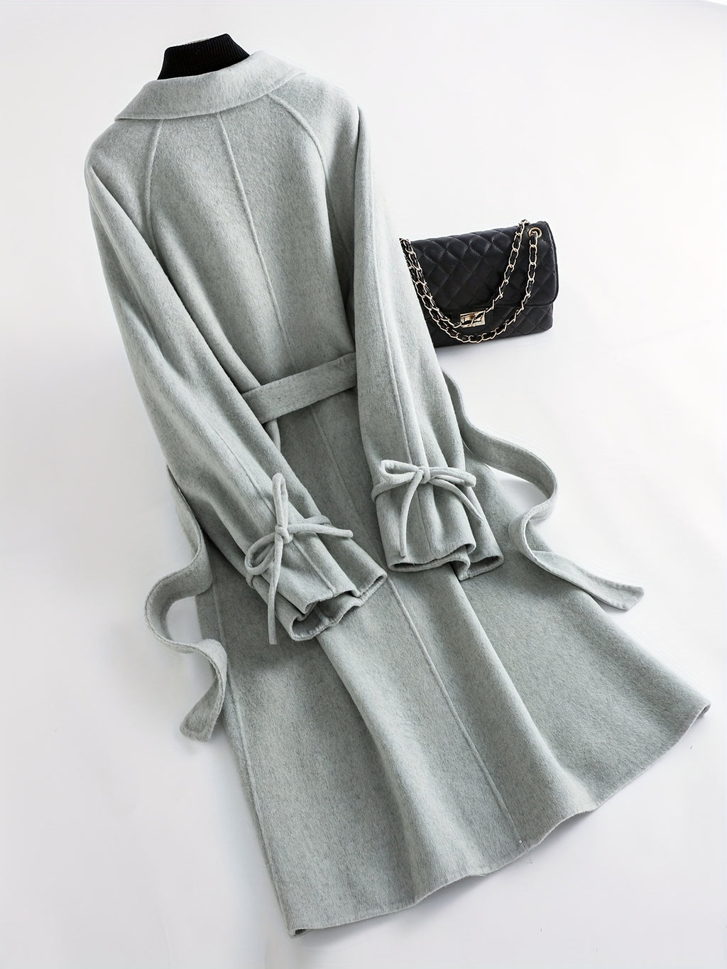 Gentle and Cute Light Green Tweed Luxury Wool Peter Pan Collar Tie Long Coat Women's Autumn Winter Outerwear Casual
