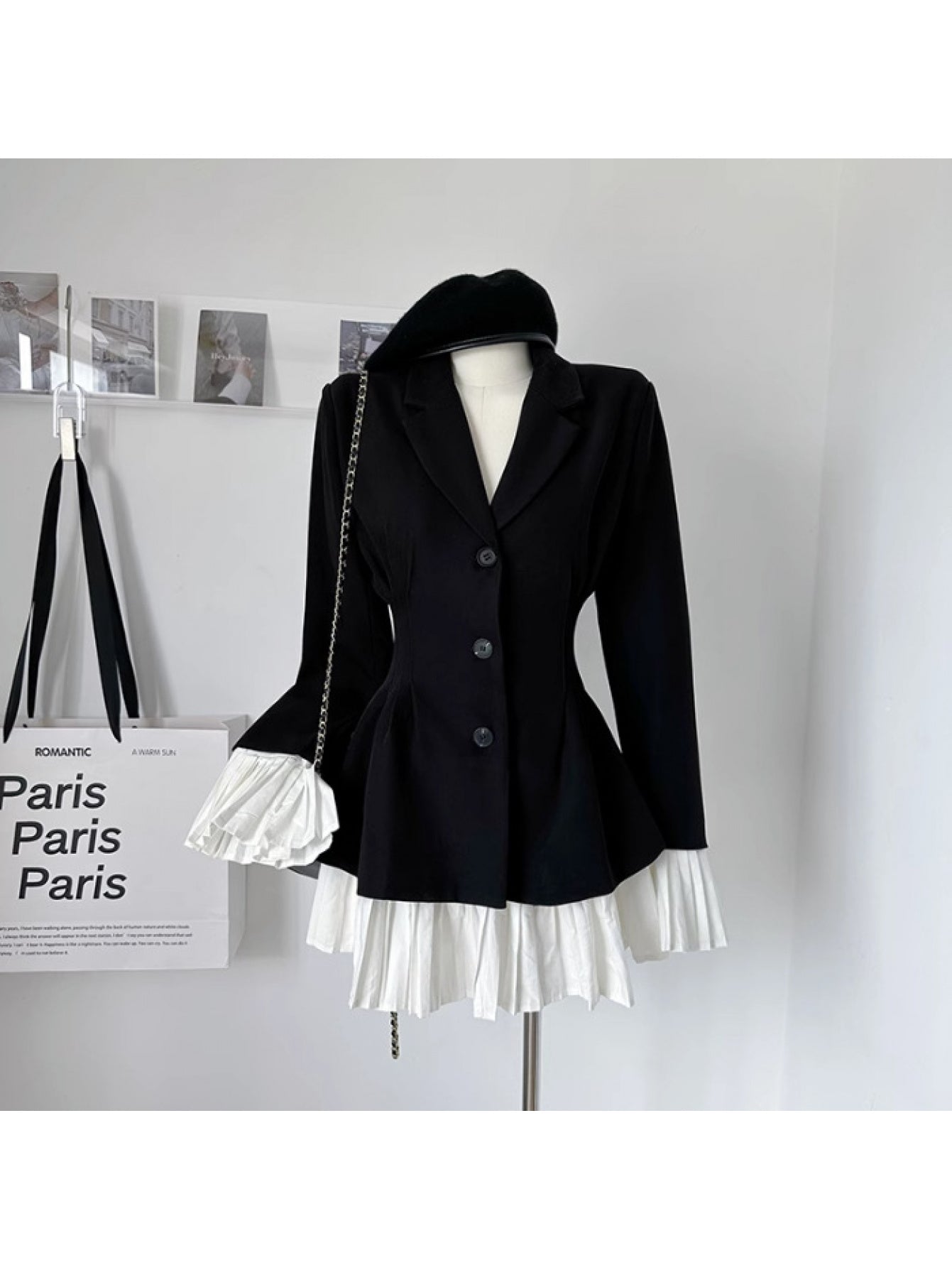 Women's French-Style Elegant Patchwork Button-Front Dress with  - Short Skirt, Ruffle Trim Long Sleeve Wedding Guest Dress, Autumn\u002FWinter Party Attire (Solid Colors)