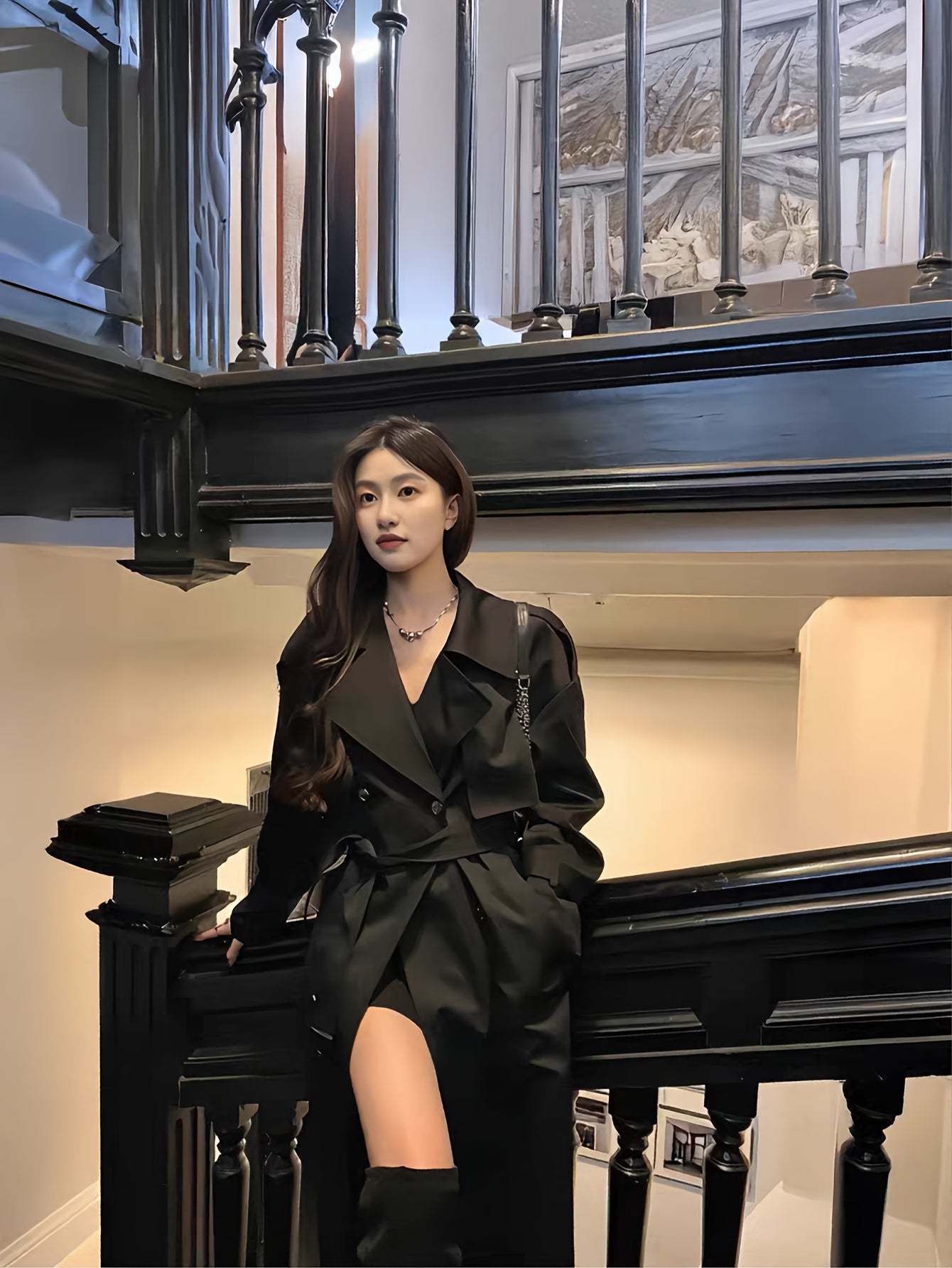 Women'S Elegant Black Lace-Up Fitted Long Coat Jacket - Chic Button-Front Closure, Non-Stretch Fabric, Loose Fit, Perfect for Fall\u002FWinter, Office, Party