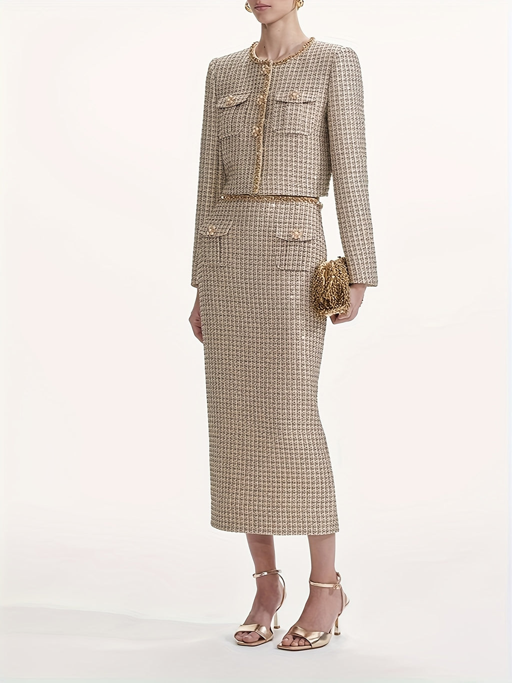 Two-Piece Set of Dazzling Evening Wear, Featuring a Delicate And Heavy-Duty Beaded Golden Tweed Skirt And a Midi Dress Set 2902.