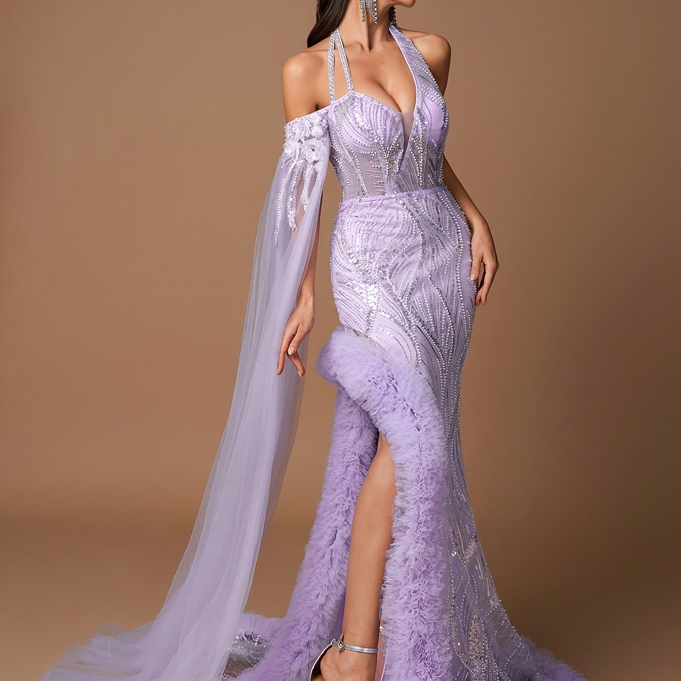 Elegant Lavender Halter Neck Evening Gown for Women | Deep V-Neck with Sequin Detail | Ruffled Lace-Up Bodice & High-Low Hem | Sheer Mesh Sleeves | Perfect for Formal Events