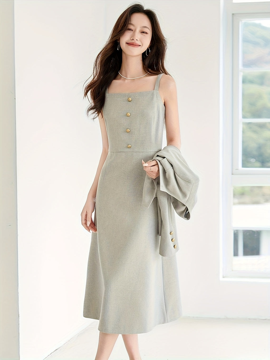 Elegant French-Inspired Two-Piece Set: Spring\u002FAutumn Long Sleeve Jacket with Waist-Cinching Design and a Skirt with Spaghetti Straps, Featuring a Button Detail, Perfect for a Chic Look