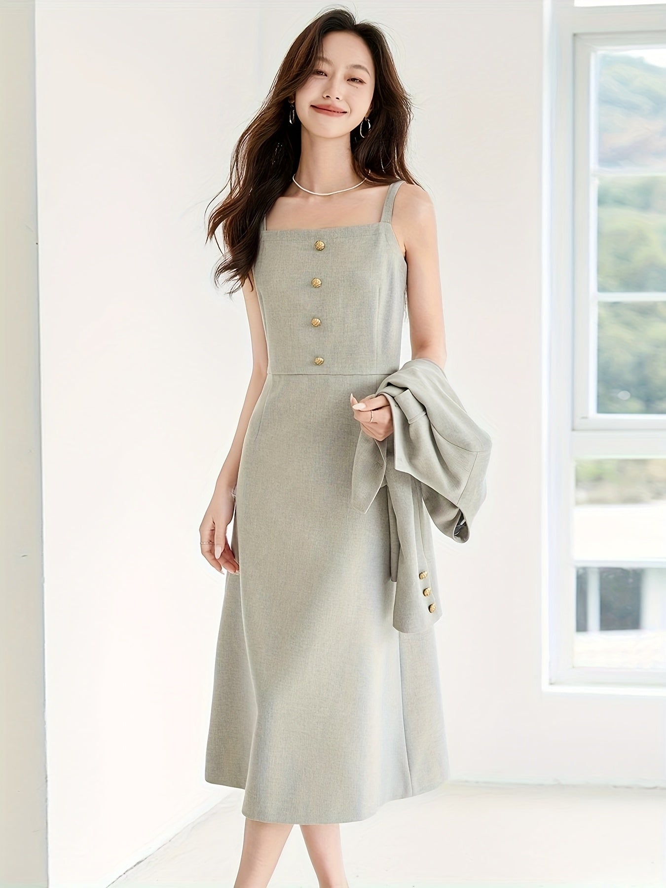Elegant French-Inspired Two-Piece Set: Spring\u002FAutumn Long Sleeve Jacket with Waist-Cinching Design and a Skirt with Spaghetti Straps, Featuring a Button Detail, Perfect for a Chic Look